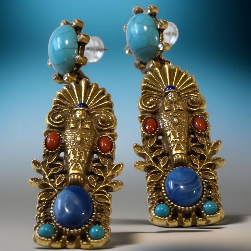 Antique Gold Egyptian Revival Pharaoh Cabochon Crystal Earrings - Picture 4 of 5